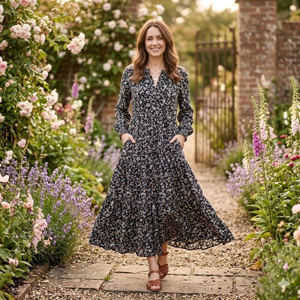 elloh Black Floral Tiered Maxi Dress Large Smocked Long Cinch Sleeve Pockets
